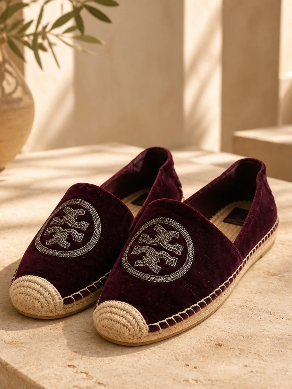Tory Burch Burgundy Velvet Espadrilles with Embroidered Silver. Size 10.5. $396